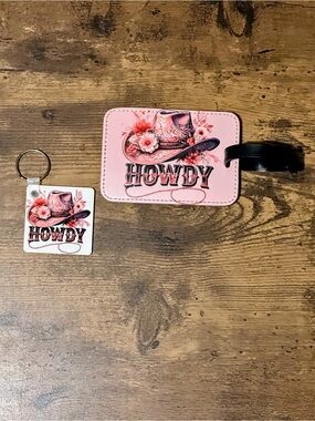 Handcrafted Howdy Pink Cowboy Hat Luggage Tag & Keychain Set New W/O Tags